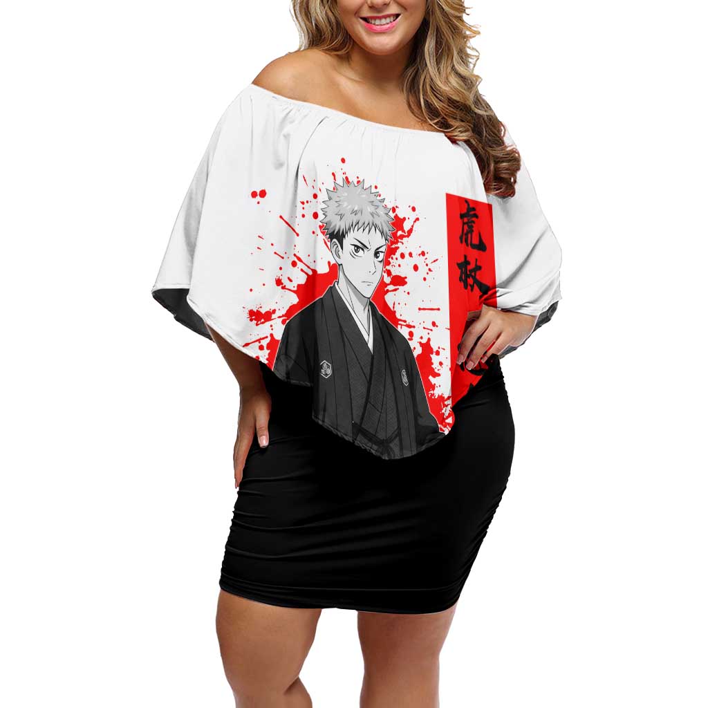Yuji Itadori Jujutsu Kaisen Samurai Design Off Shoulder Short Dress with Katana, Red Kanji Elements and Oni Mask Graphic - The Mazicc