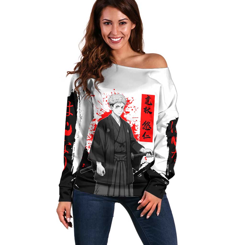 Yuji Itadori Jujutsu Kaisen Samurai Design Off Shoulder Sweater with Katana, Red Kanji Elements and Oni Mask Graphic - The Mazicc
