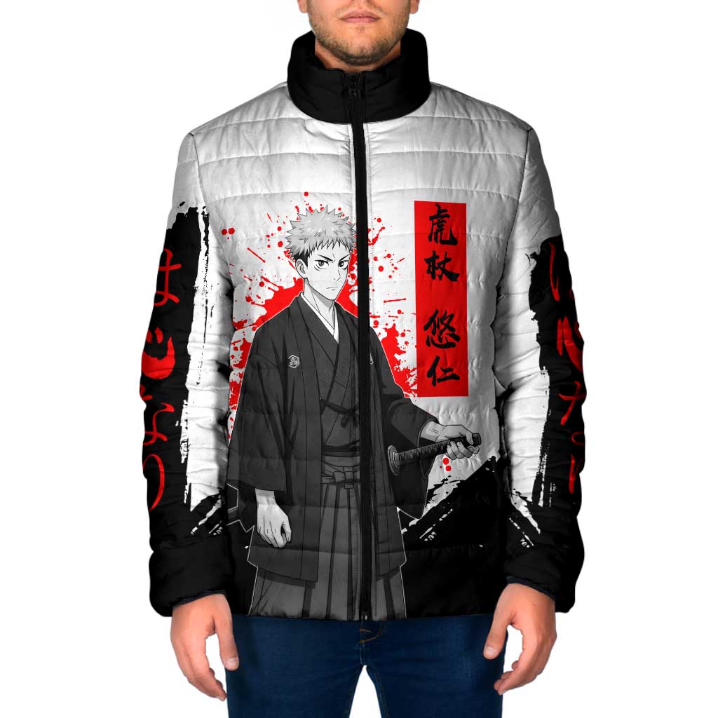 Yuji Itadori Jujutsu Kaisen Samurai Design Padded Jacket with Katana, Red Kanji Elements and Oni Mask Graphic - The Mazicc