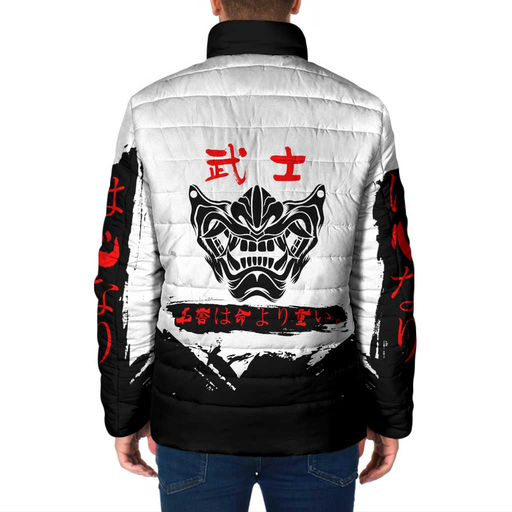 Yuji Itadori Jujutsu Kaisen Samurai Design Padded Jacket with Katana, Red Kanji Elements and Oni Mask Graphic - The Mazicc