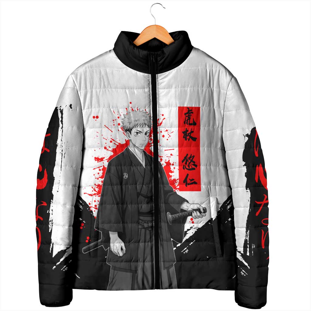 Yuji Itadori Jujutsu Kaisen Samurai Design Padded Jacket with Katana, Red Kanji Elements and Oni Mask Graphic - The Mazicc