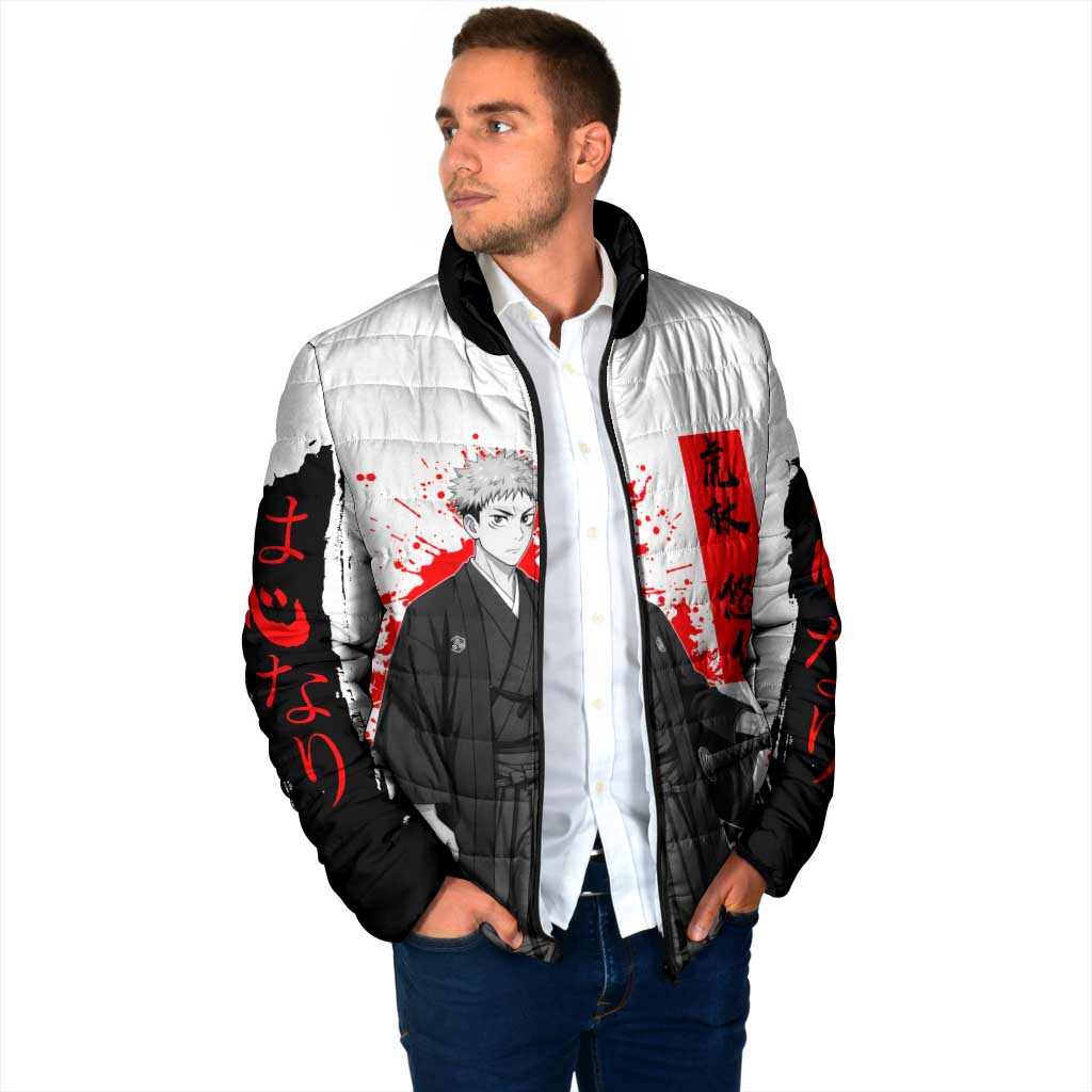Yuji Itadori Jujutsu Kaisen Samurai Design Padded Jacket with Katana, Red Kanji Elements and Oni Mask Graphic - The Mazicc
