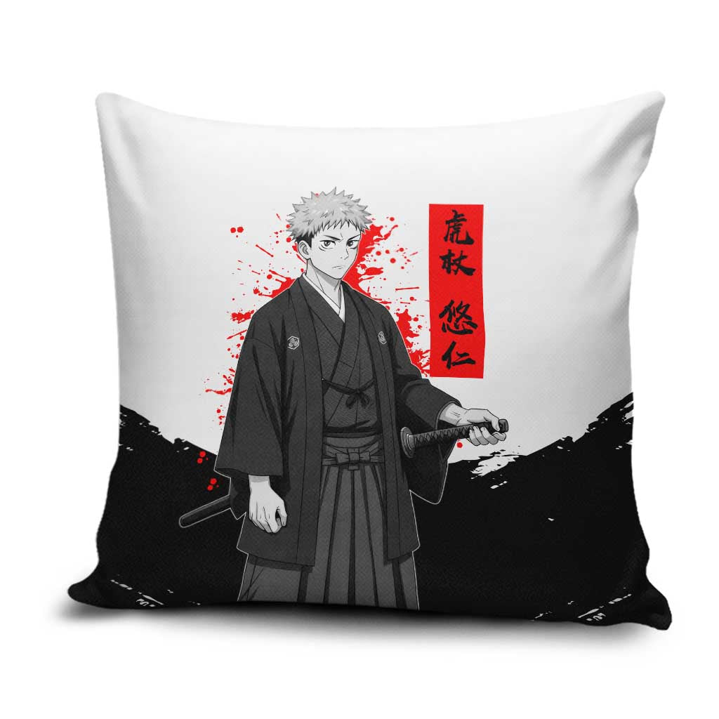 Yuji Itadori Jujutsu Kaisen Samurai Design Pillow Cover with Katana, Red Kanji Elements and Oni Mask Graphic - The Mazicc