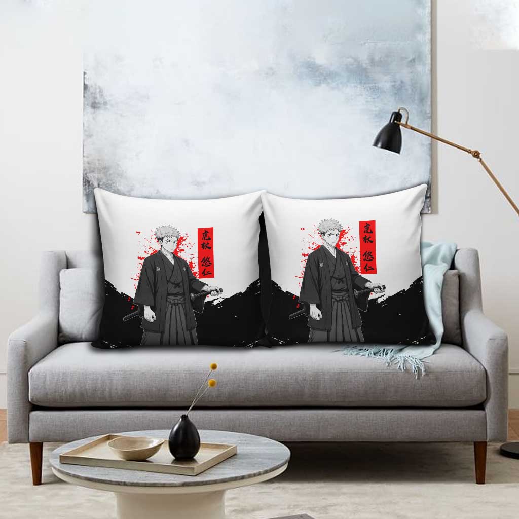 Yuji Itadori Jujutsu Kaisen Samurai Design Pillow Cover with Katana, Red Kanji Elements and Oni Mask Graphic - The Mazicc