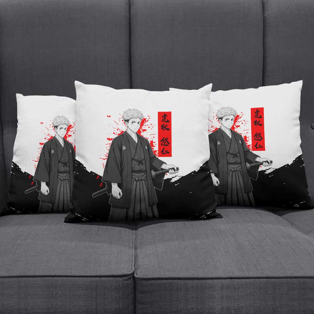 Yuji Itadori Jujutsu Kaisen Samurai Design Pillow Cover with Katana, Red Kanji Elements and Oni Mask Graphic - The Mazicc