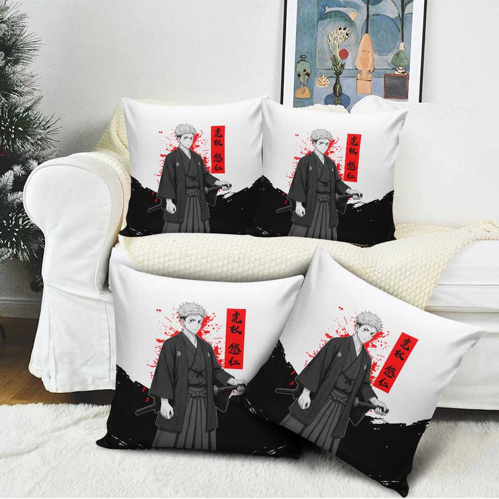 Yuji Itadori Jujutsu Kaisen Samurai Design Pillow Cover with Katana, Red Kanji Elements and Oni Mask Graphic - The Mazicc