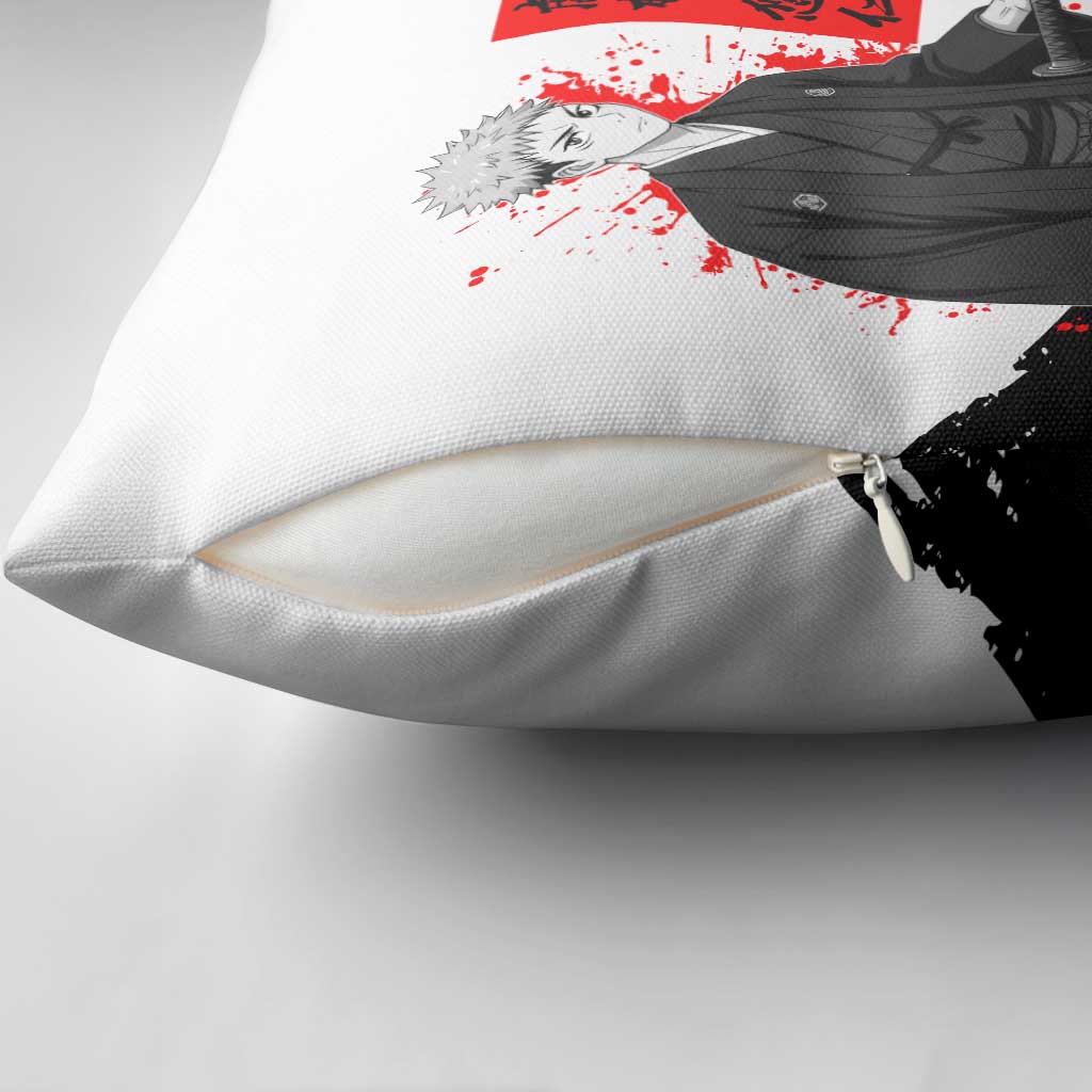 Yuji Itadori Jujutsu Kaisen Samurai Design Pillow Cover with Katana, Red Kanji Elements and Oni Mask Graphic - The Mazicc