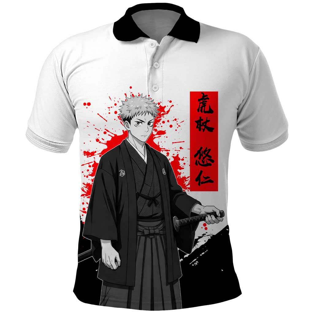 Yuji Itadori Jujutsu Kaisen Samurai Design Polo Shirt with Katana, Red Kanji Elements and Oni Mask Graphic - The Mazicc