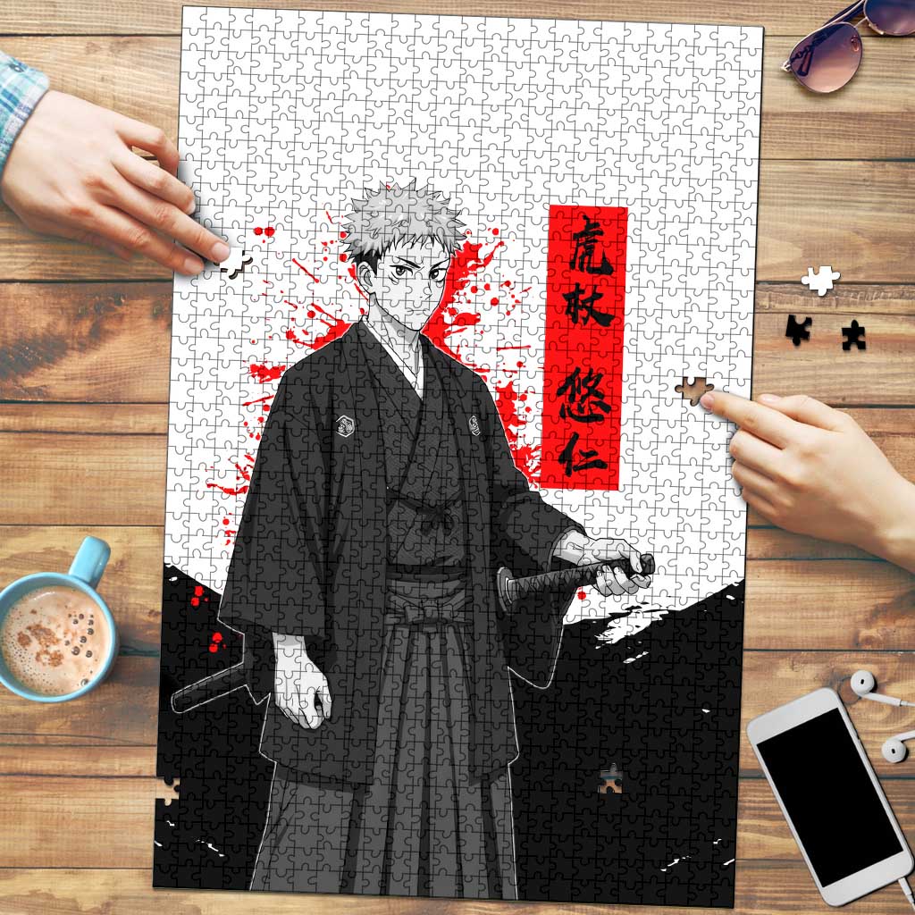 Yuji Itadori Jujutsu Kaisen Samurai Design Puzzle with Katana, Red Kanji Elements and Oni Mask Graphic - The Mazicc