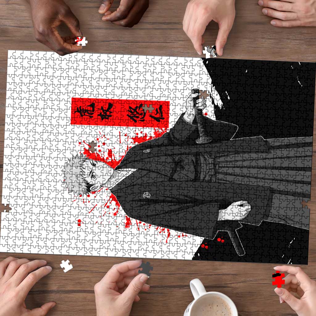Yuji Itadori Jujutsu Kaisen Samurai Design Puzzle with Katana, Red Kanji Elements and Oni Mask Graphic - The Mazicc