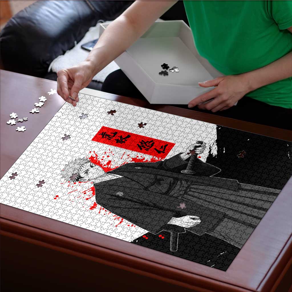 Yuji Itadori Jujutsu Kaisen Samurai Design Puzzle with Katana, Red Kanji Elements and Oni Mask Graphic - The Mazicc
