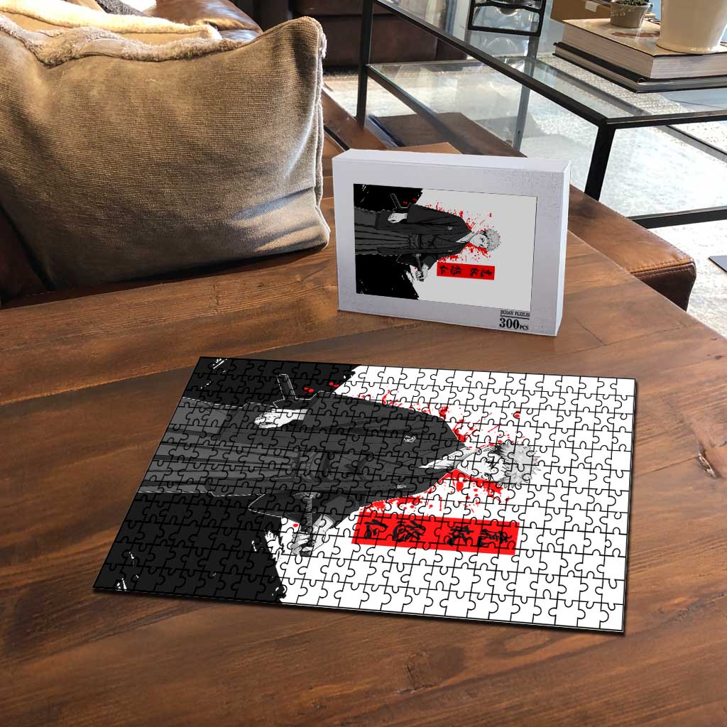 Yuji Itadori Jujutsu Kaisen Samurai Design Puzzle with Katana, Red Kanji Elements and Oni Mask Graphic - The Mazicc