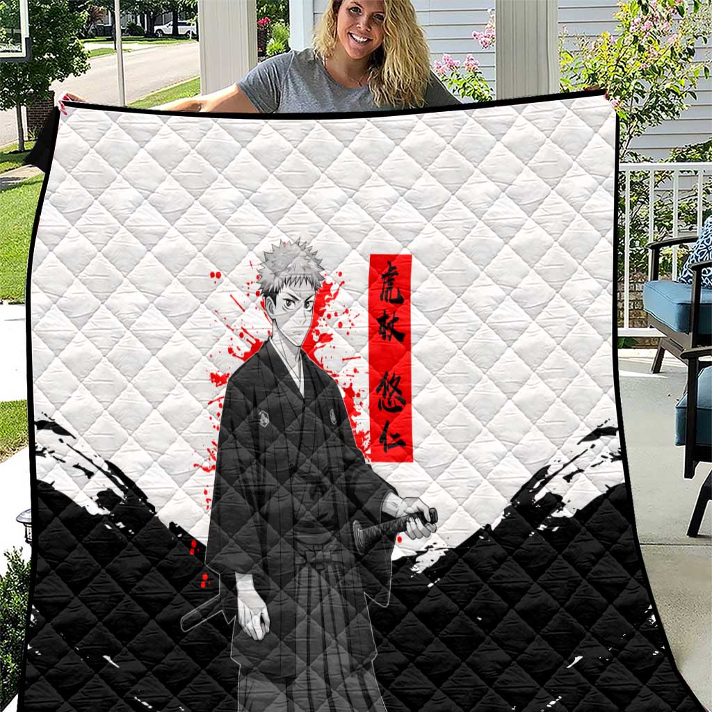 Yuji Itadori Jujutsu Kaisen Samurai Design Quilt with Katana, Red Kanji Elements and Oni Mask Graphic - The Mazicc