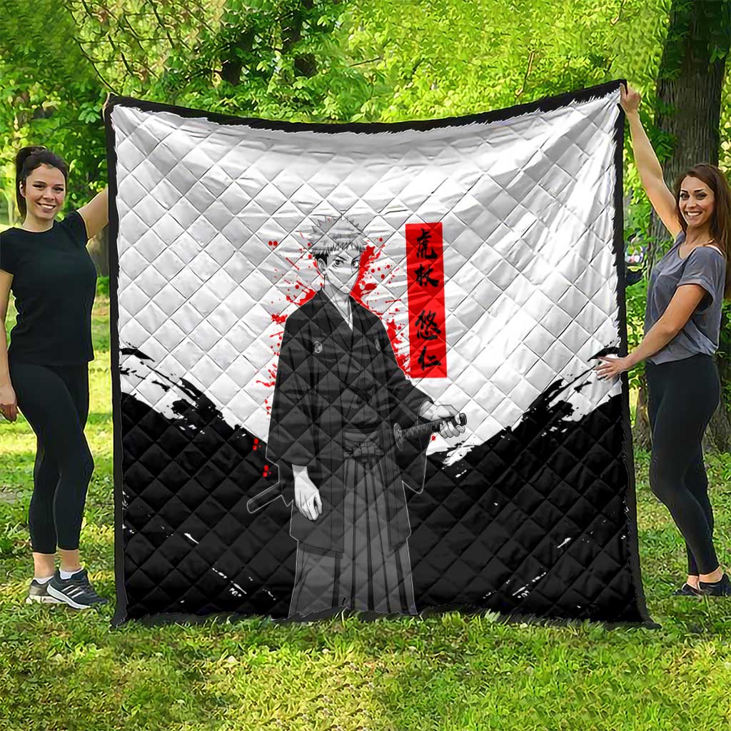 Yuji Itadori Jujutsu Kaisen Samurai Design Quilt with Katana, Red Kanji Elements and Oni Mask Graphic - The Mazicc