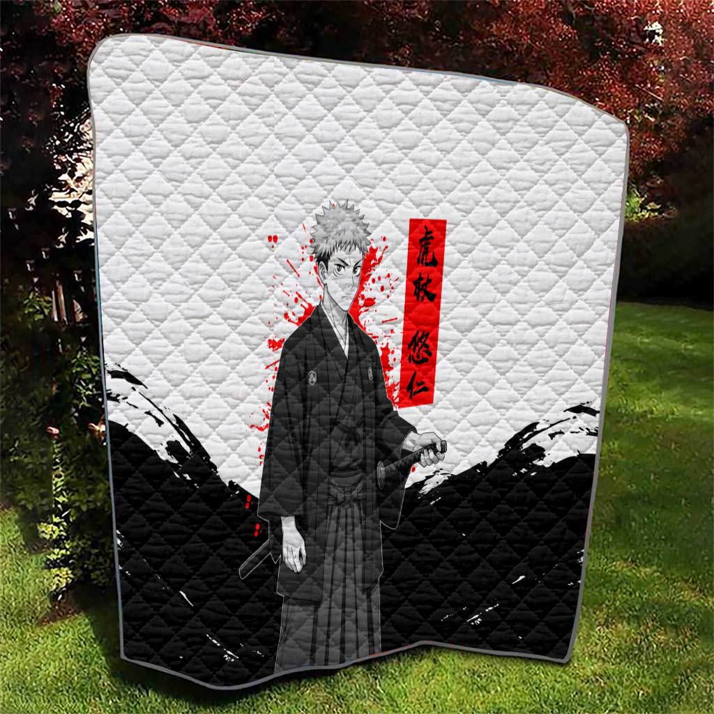 Yuji Itadori Jujutsu Kaisen Samurai Design Quilt with Katana, Red Kanji Elements and Oni Mask Graphic - The Mazicc