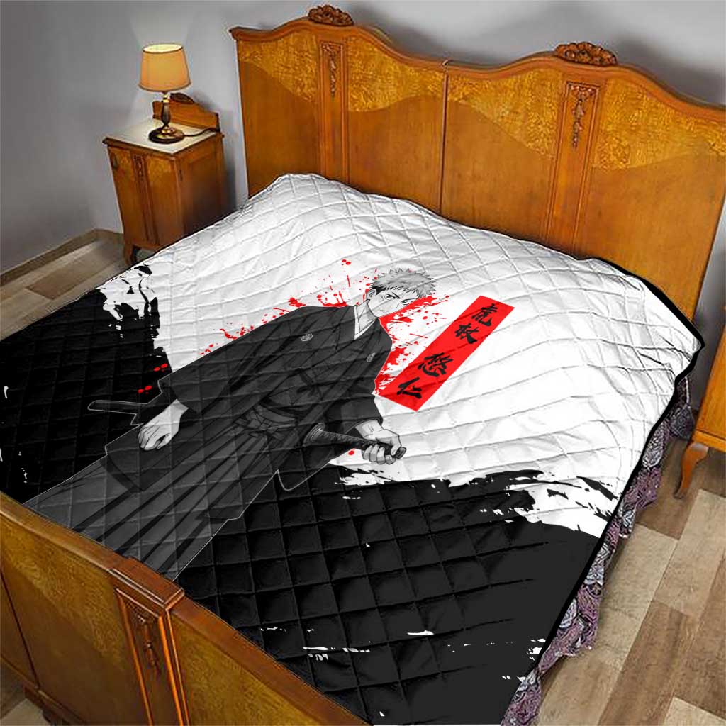 Yuji Itadori Jujutsu Kaisen Samurai Design Quilt with Katana, Red Kanji Elements and Oni Mask Graphic - The Mazicc