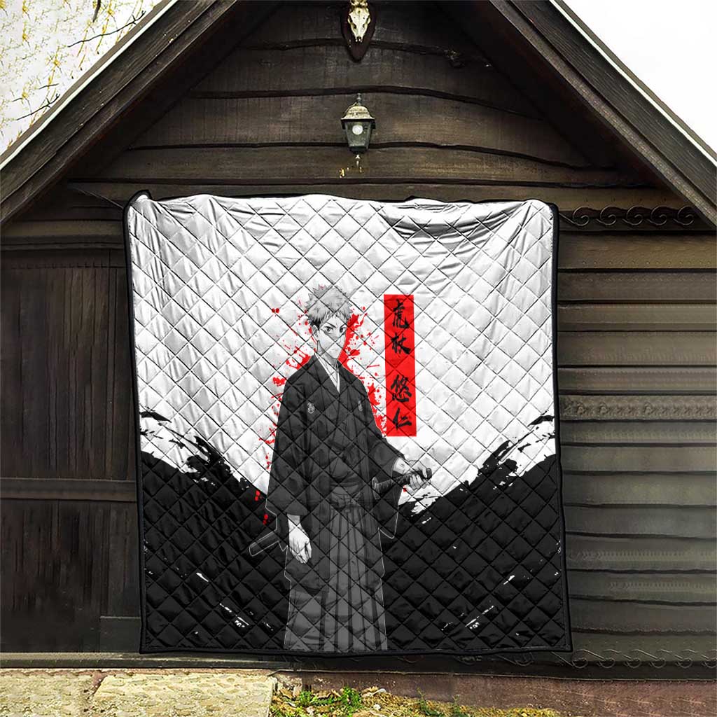 Yuji Itadori Jujutsu Kaisen Samurai Design Quilt with Katana, Red Kanji Elements and Oni Mask Graphic - The Mazicc