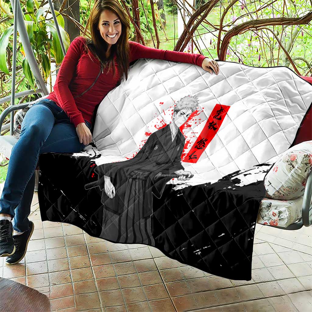 Yuji Itadori Jujutsu Kaisen Samurai Design Quilt with Katana, Red Kanji Elements and Oni Mask Graphic - The Mazicc