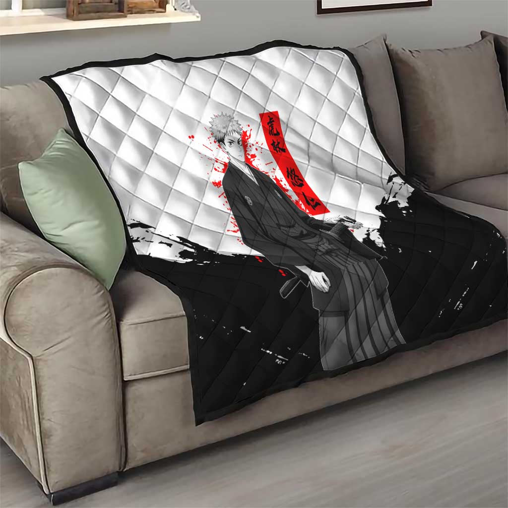 Yuji Itadori Jujutsu Kaisen Samurai Design Quilt with Katana, Red Kanji Elements and Oni Mask Graphic - The Mazicc