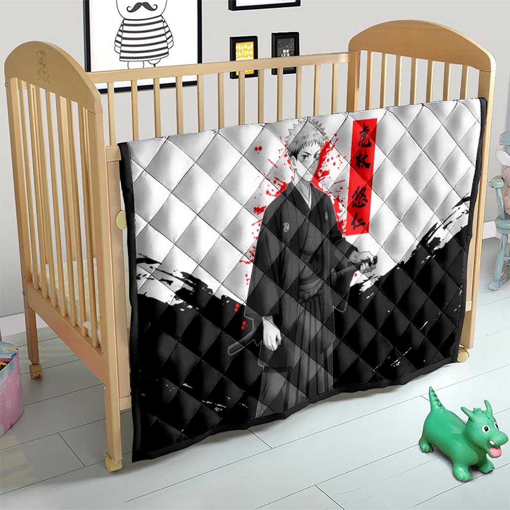 Yuji Itadori Jujutsu Kaisen Samurai Design Quilt with Katana, Red Kanji Elements and Oni Mask Graphic - The Mazicc