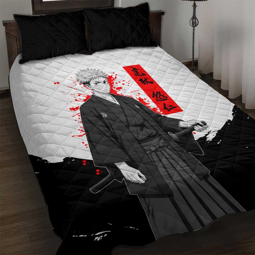 Yuji Itadori Jujutsu Kaisen Samurai Design Quilt Bed Set with Katana, Red Kanji Elements and Oni Mask Graphic - The Mazicc