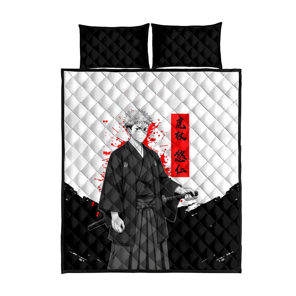Yuji Itadori Jujutsu Kaisen Samurai Design Quilt Bed Set with Katana, Red Kanji Elements and Oni Mask Graphic - The Mazicc
