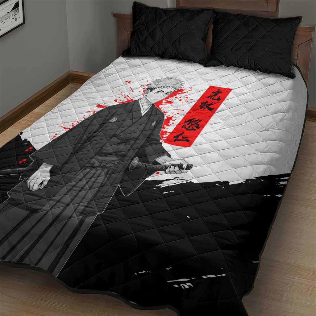 Yuji Itadori Jujutsu Kaisen Samurai Design Quilt Bed Set with Katana, Red Kanji Elements and Oni Mask Graphic - The Mazicc