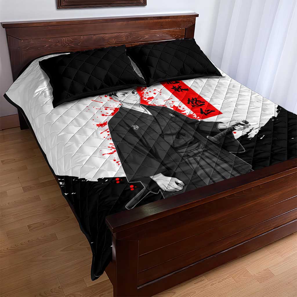 Yuji Itadori Jujutsu Kaisen Samurai Design Quilt Bed Set with Katana, Red Kanji Elements and Oni Mask Graphic - The Mazicc