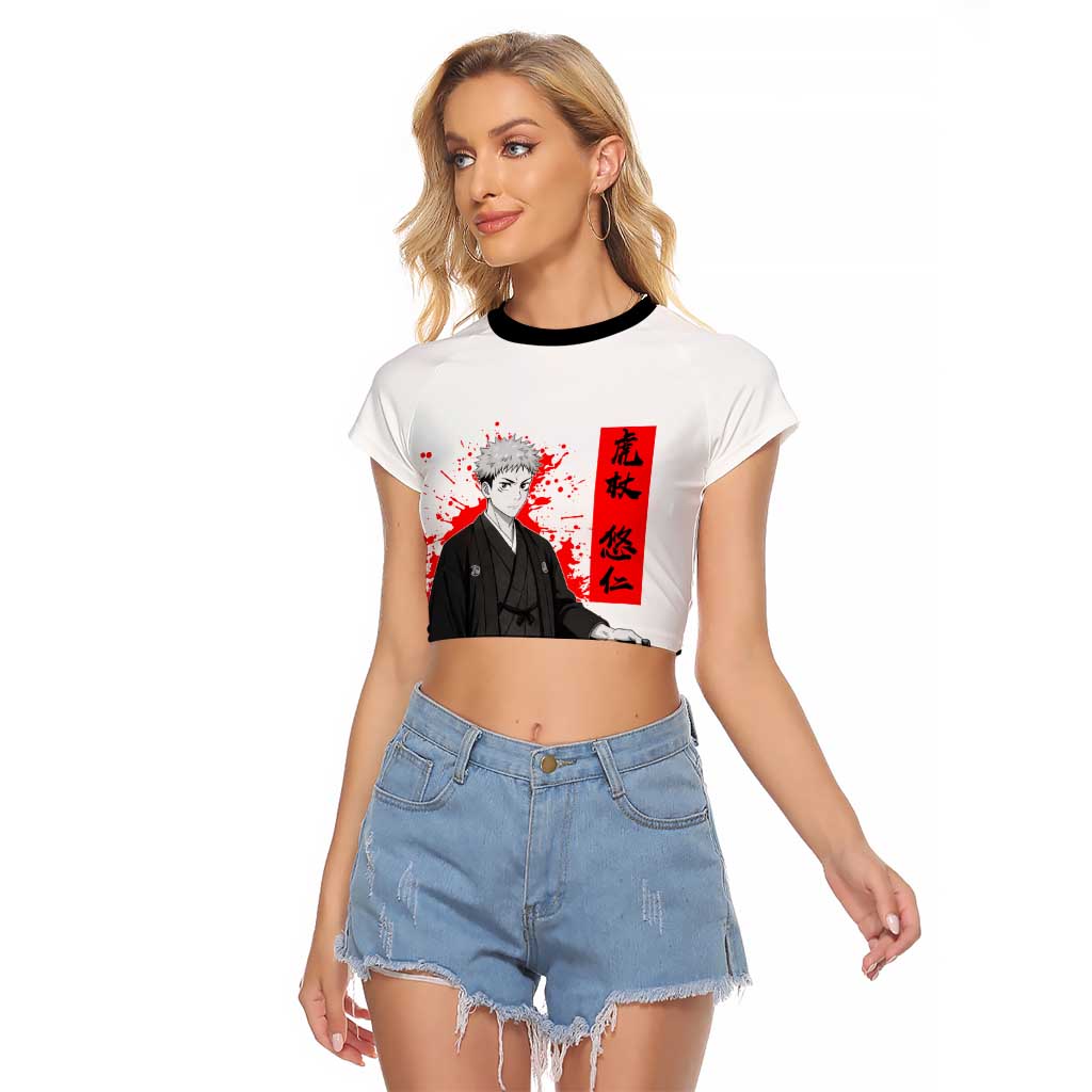 Yuji Itadori Jujutsu Kaisen Samurai Design Raglan Cropped T Shirt with Katana, Red Kanji Elements and Oni Mask Graphic - The Mazicc