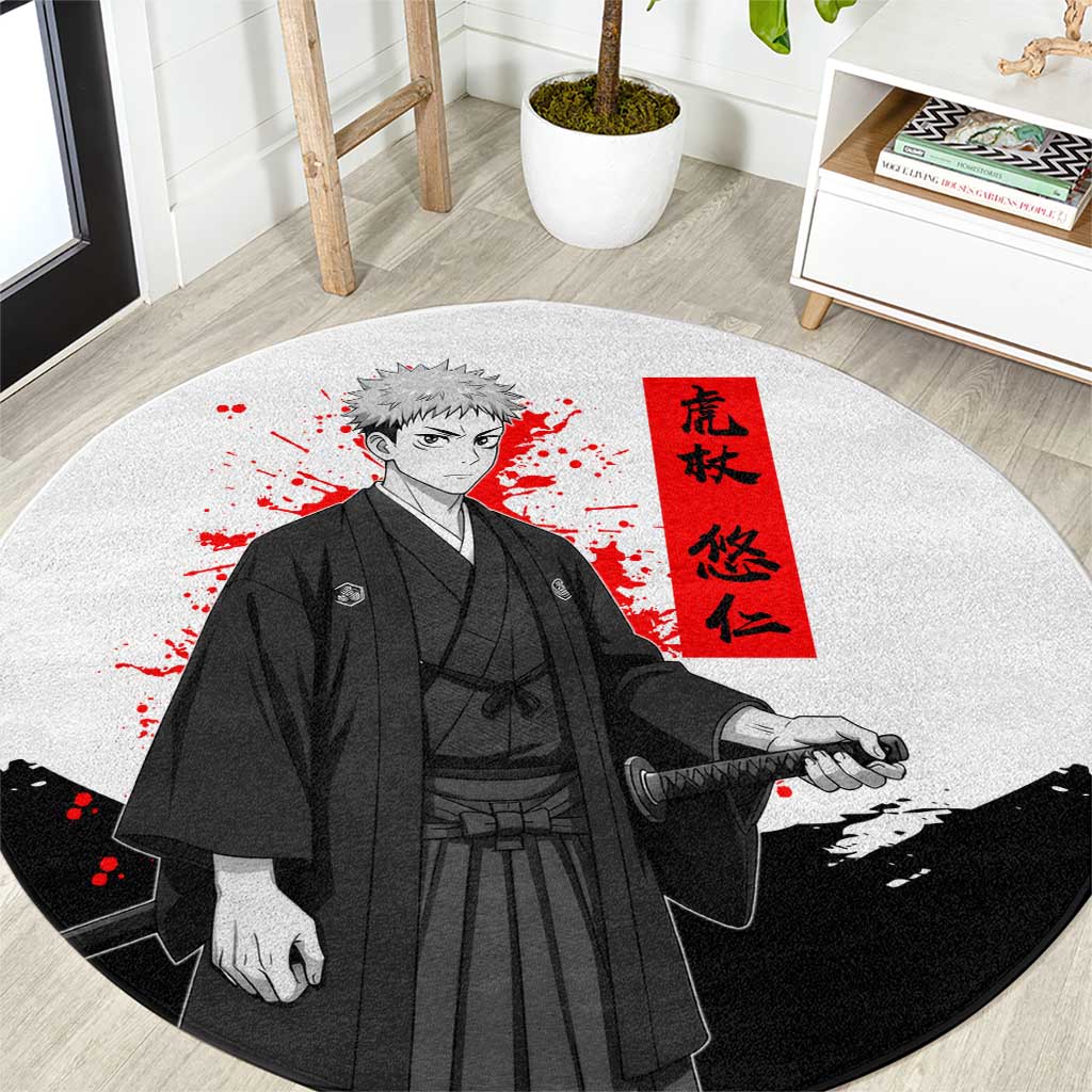 Yuji Itadori Jujutsu Kaisen Samurai Design Round Carpet with Katana, Red Kanji Elements and Oni Mask Graphic - The Mazicc
