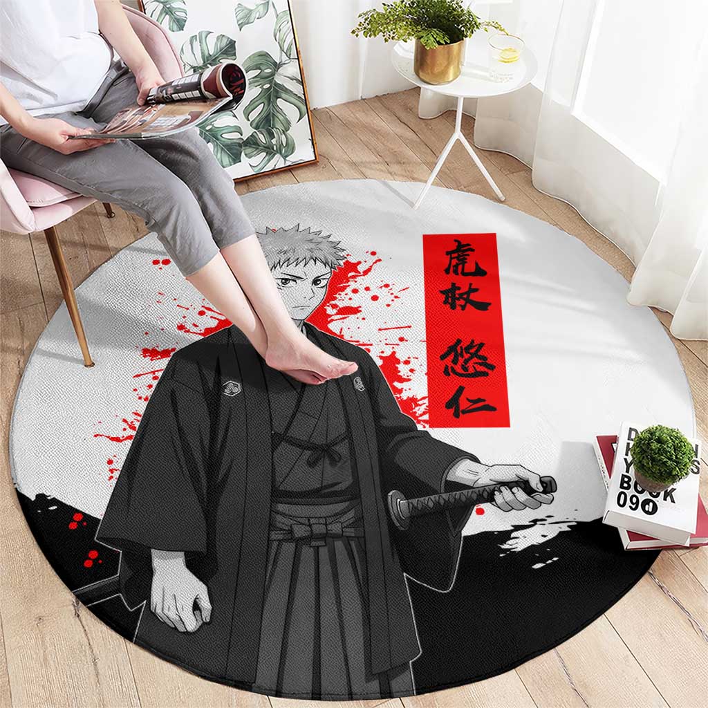 Yuji Itadori Jujutsu Kaisen Samurai Design Round Carpet with Katana, Red Kanji Elements and Oni Mask Graphic - The Mazicc