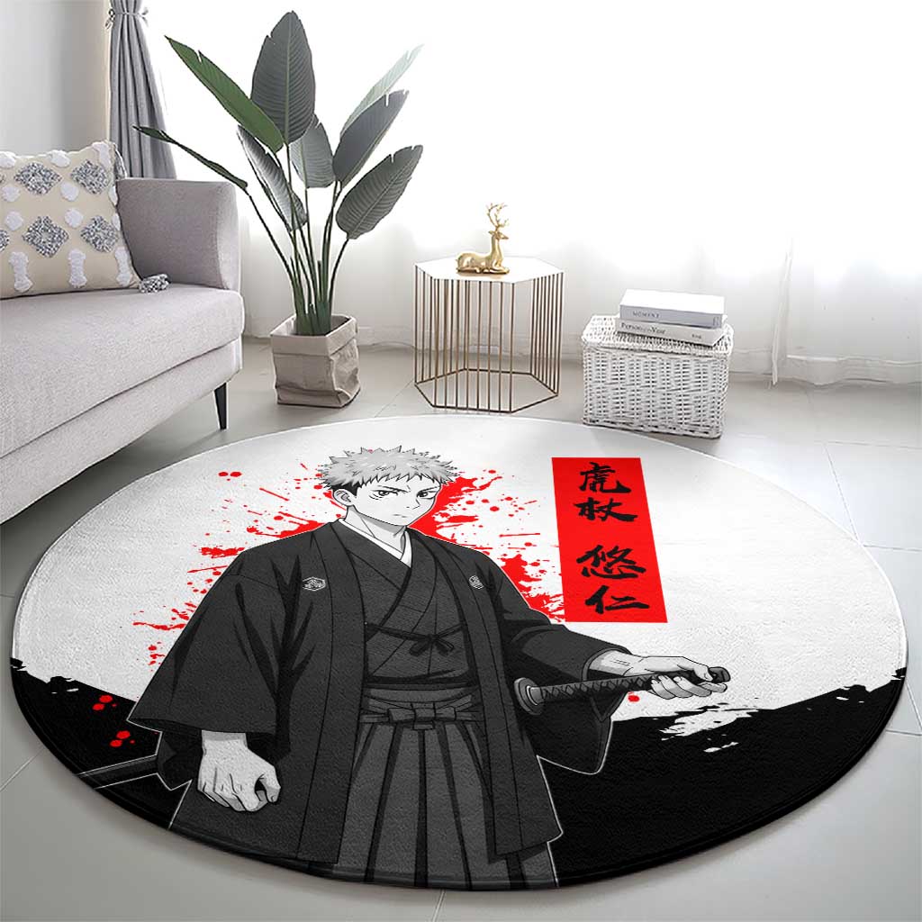 Yuji Itadori Jujutsu Kaisen Samurai Design Round Carpet with Katana, Red Kanji Elements and Oni Mask Graphic - The Mazicc