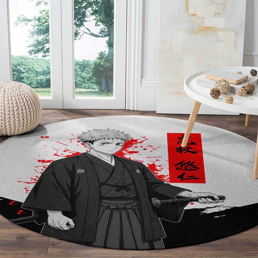 Yuji Itadori Jujutsu Kaisen Samurai Design Round Carpet with Katana, Red Kanji Elements and Oni Mask Graphic - The Mazicc