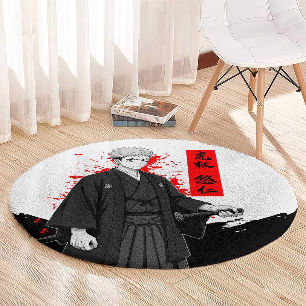 Yuji Itadori Jujutsu Kaisen Samurai Design Round Carpet with Katana, Red Kanji Elements and Oni Mask Graphic - The Mazicc
