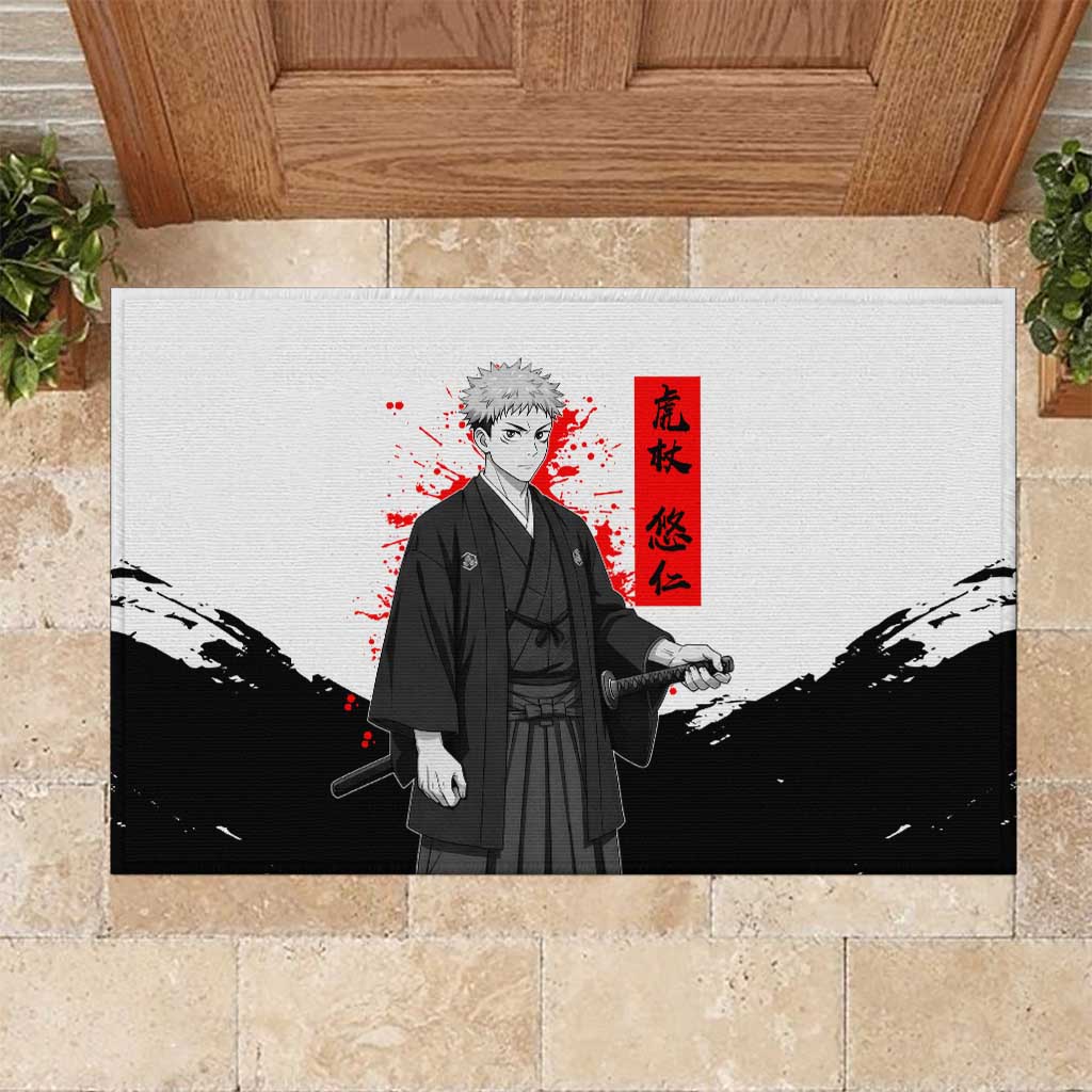 Yuji Itadori Jujutsu Kaisen Samurai Design Rubber Doormat with Katana, Red Kanji Elements and Oni Mask Graphic - The Mazicc