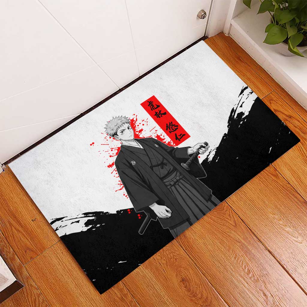 Yuji Itadori Jujutsu Kaisen Samurai Design Rubber Doormat with Katana, Red Kanji Elements and Oni Mask Graphic - The Mazicc