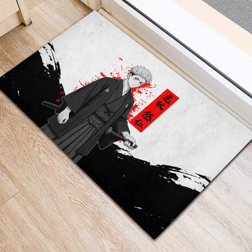 Yuji Itadori Jujutsu Kaisen Samurai Design Rubber Doormat with Katana, Red Kanji Elements and Oni Mask Graphic - The Mazicc