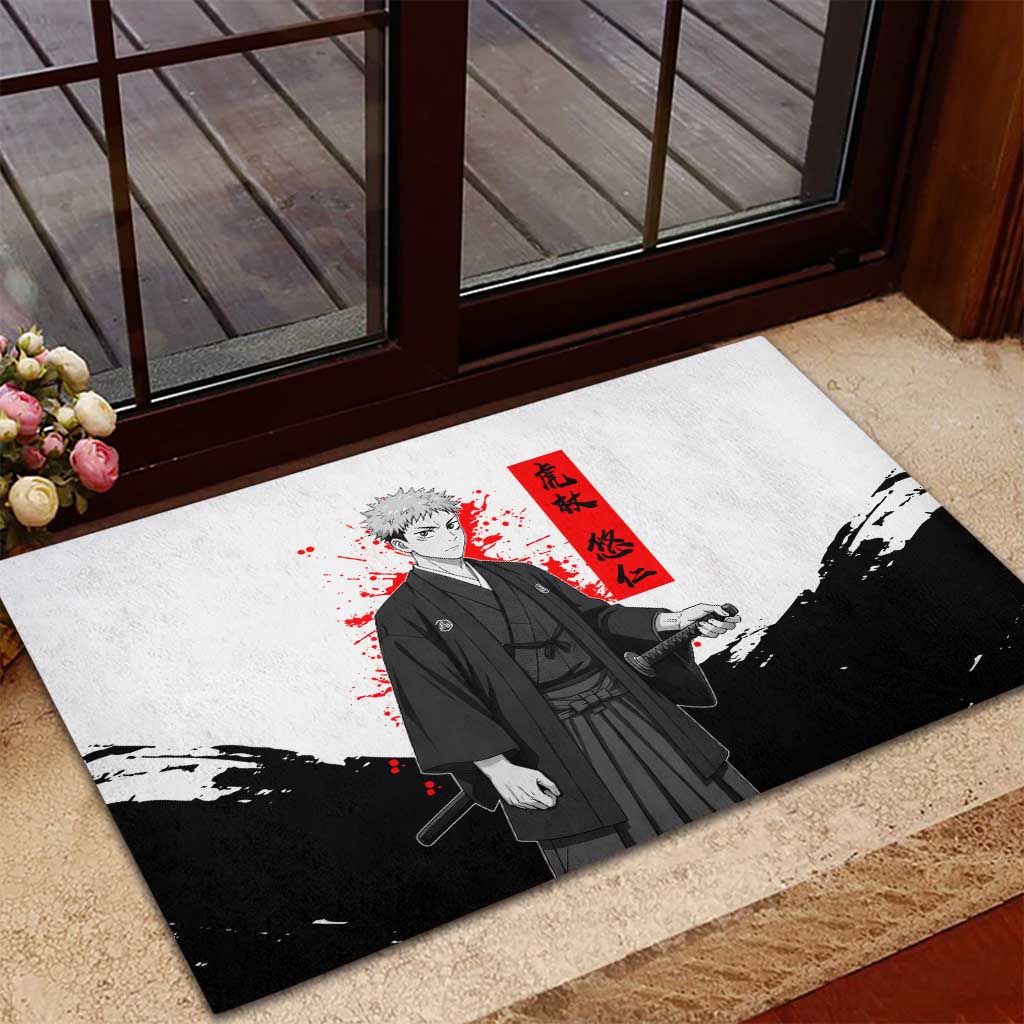 Yuji Itadori Jujutsu Kaisen Samurai Design Rubber Doormat with Katana, Red Kanji Elements and Oni Mask Graphic - The Mazicc