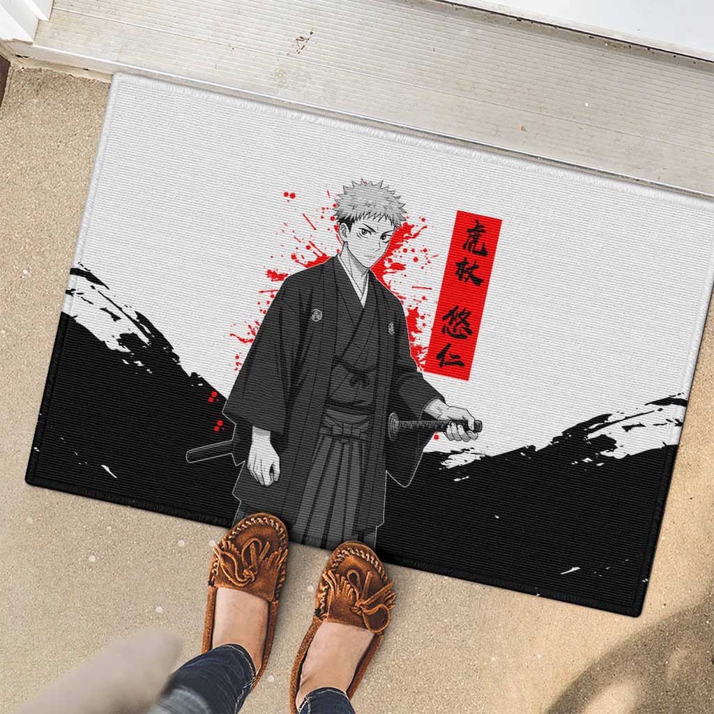 Yuji Itadori Jujutsu Kaisen Samurai Design Rubber Doormat with Katana, Red Kanji Elements and Oni Mask Graphic - The Mazicc