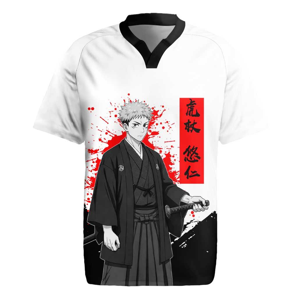 Yuji Itadori Jujutsu Kaisen Samurai Design Rugby Jersey with Katana, Red Kanji Elements and Oni Mask Graphic - The Mazicc