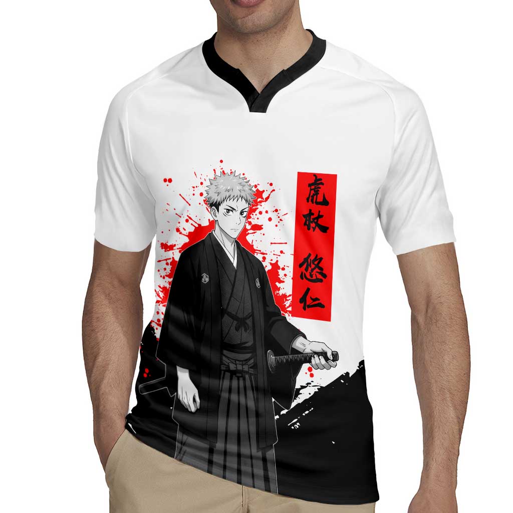 Yuji Itadori Jujutsu Kaisen Samurai Design Rugby Jersey with Katana, Red Kanji Elements and Oni Mask Graphic - The Mazicc