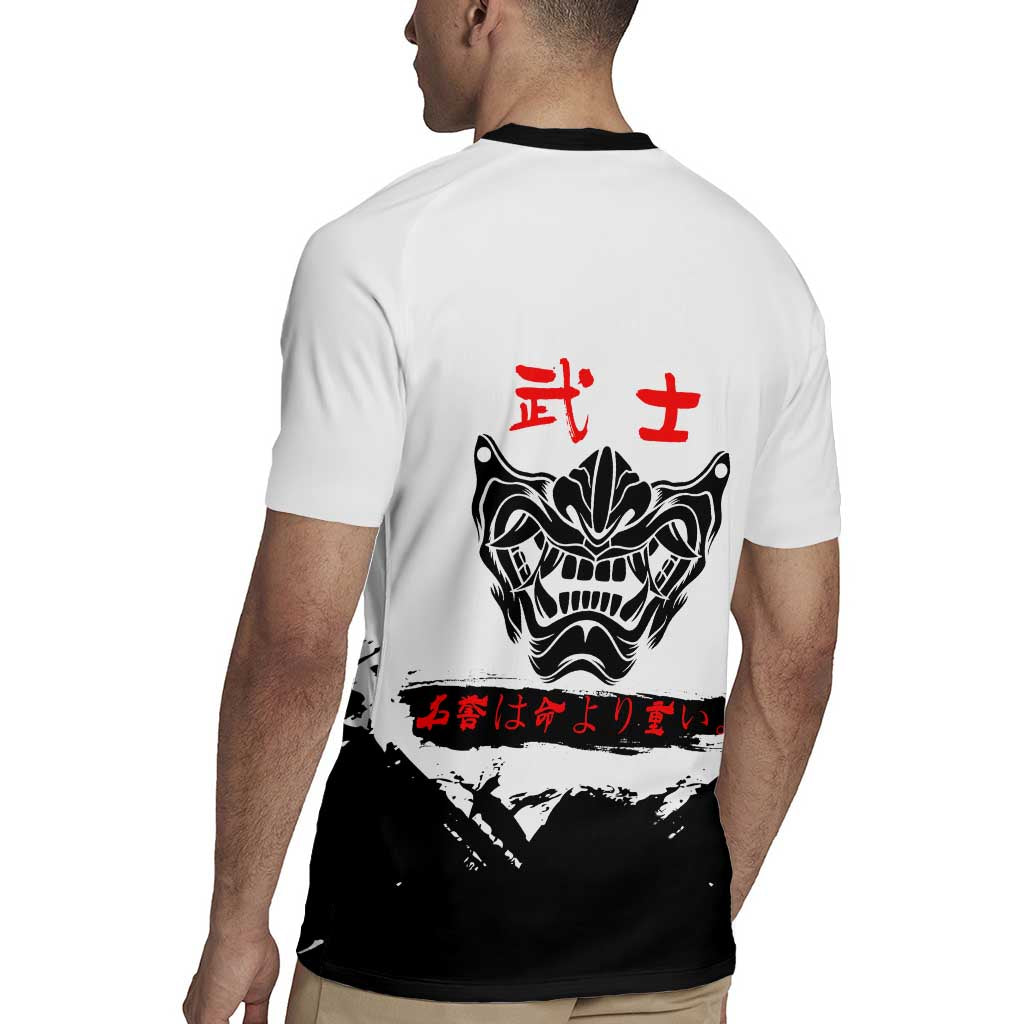 Yuji Itadori Jujutsu Kaisen Samurai Design Rugby Jersey with Katana, Red Kanji Elements and Oni Mask Graphic - The Mazicc