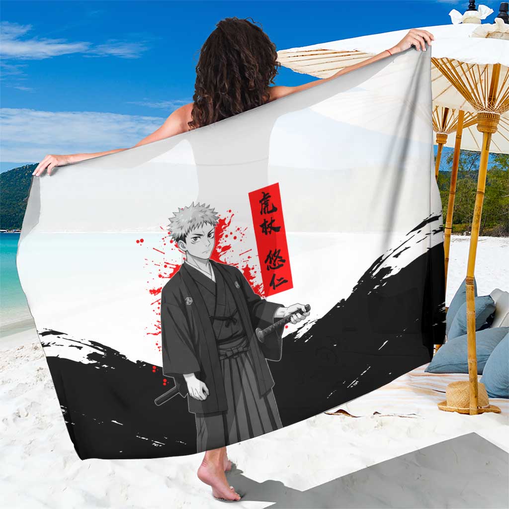 Yuji Itadori Jujutsu Kaisen Samurai Design Sarong with Katana, Red Kanji Elements and Oni Mask Graphic - The Mazicc