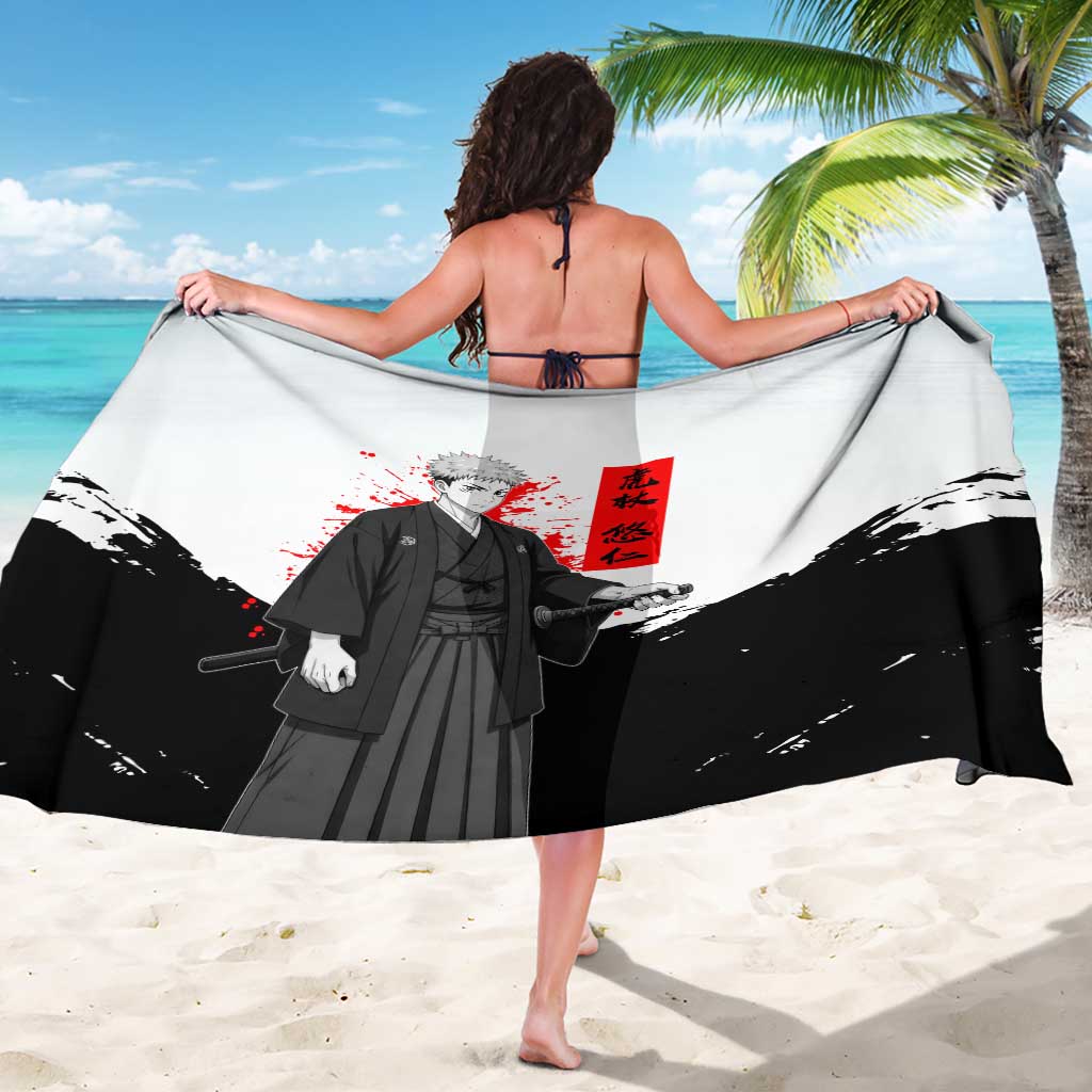 Yuji Itadori Jujutsu Kaisen Samurai Design Sarong with Katana, Red Kanji Elements and Oni Mask Graphic - The Mazicc