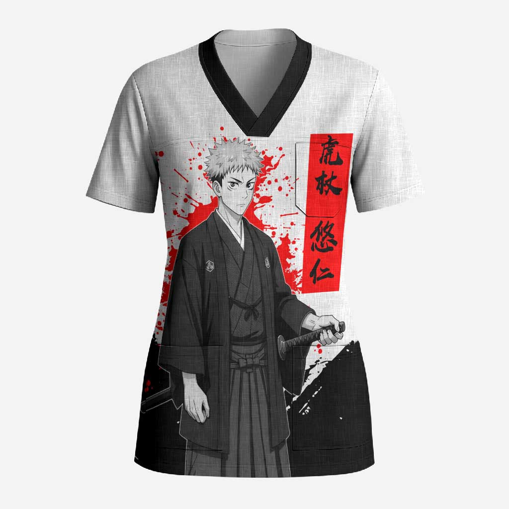 Yuji Itadori Jujutsu Kaisen Samurai Design Scrub Top with Katana, Red Kanji Elements and Oni Mask Graphic - The Mazicc