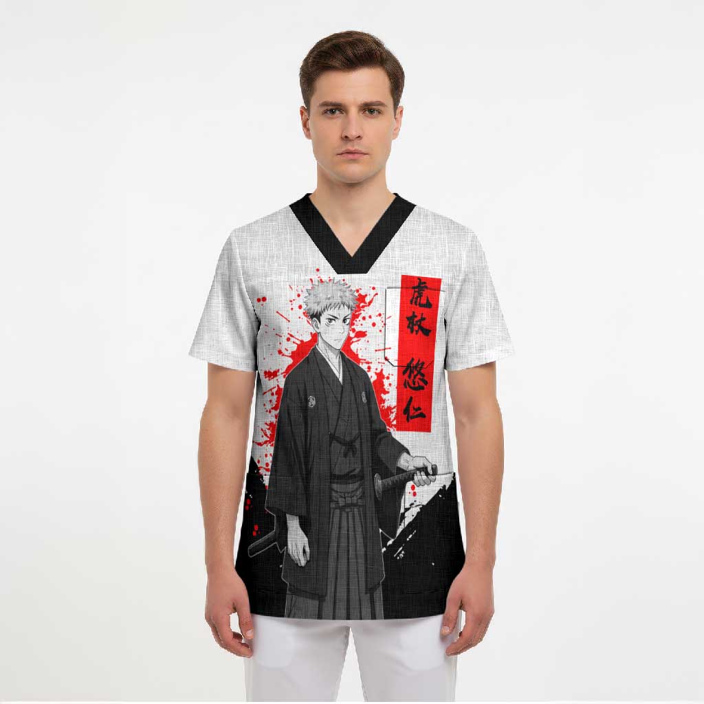 Yuji Itadori Jujutsu Kaisen Samurai Design Scrub Top with Katana, Red Kanji Elements and Oni Mask Graphic - The Mazicc