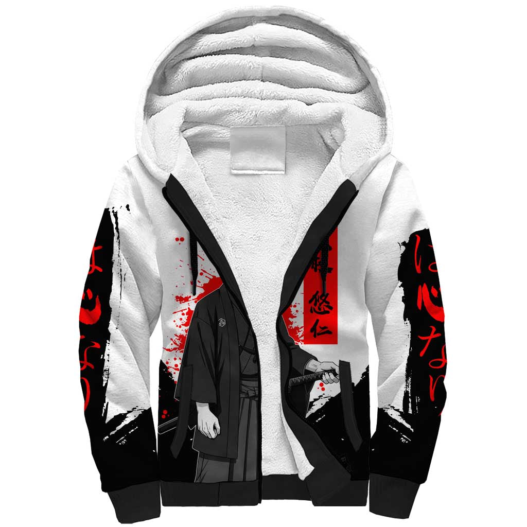 Yuji Itadori Jujutsu Kaisen Samurai Design Sherpa Hoodie with Katana, Red Kanji Elements and Oni Mask Graphic - The Mazicc