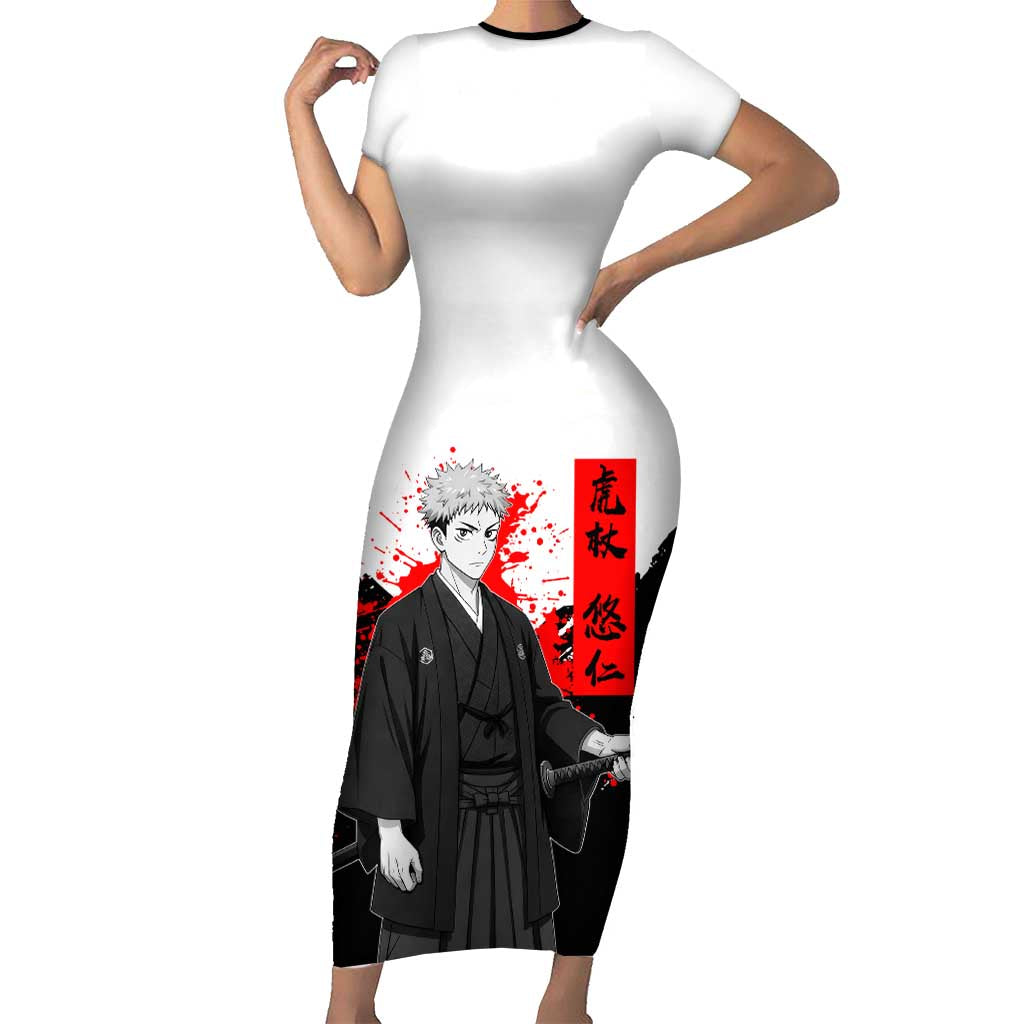 Yuji Itadori Jujutsu Kaisen Samurai Design Short Sleeve Bodycon Dress with Katana, Red Kanji Elements and Oni Mask Graphic - The Mazicc
