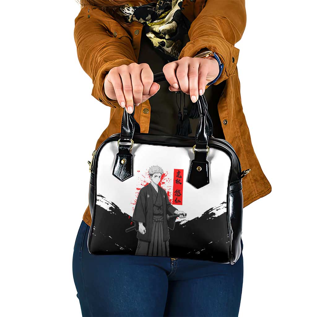 Yuji Itadori Jujutsu Kaisen Samurai Design Shoulder Handbag with Katana, Red Kanji Elements and Oni Mask Graphic - The Mazicc