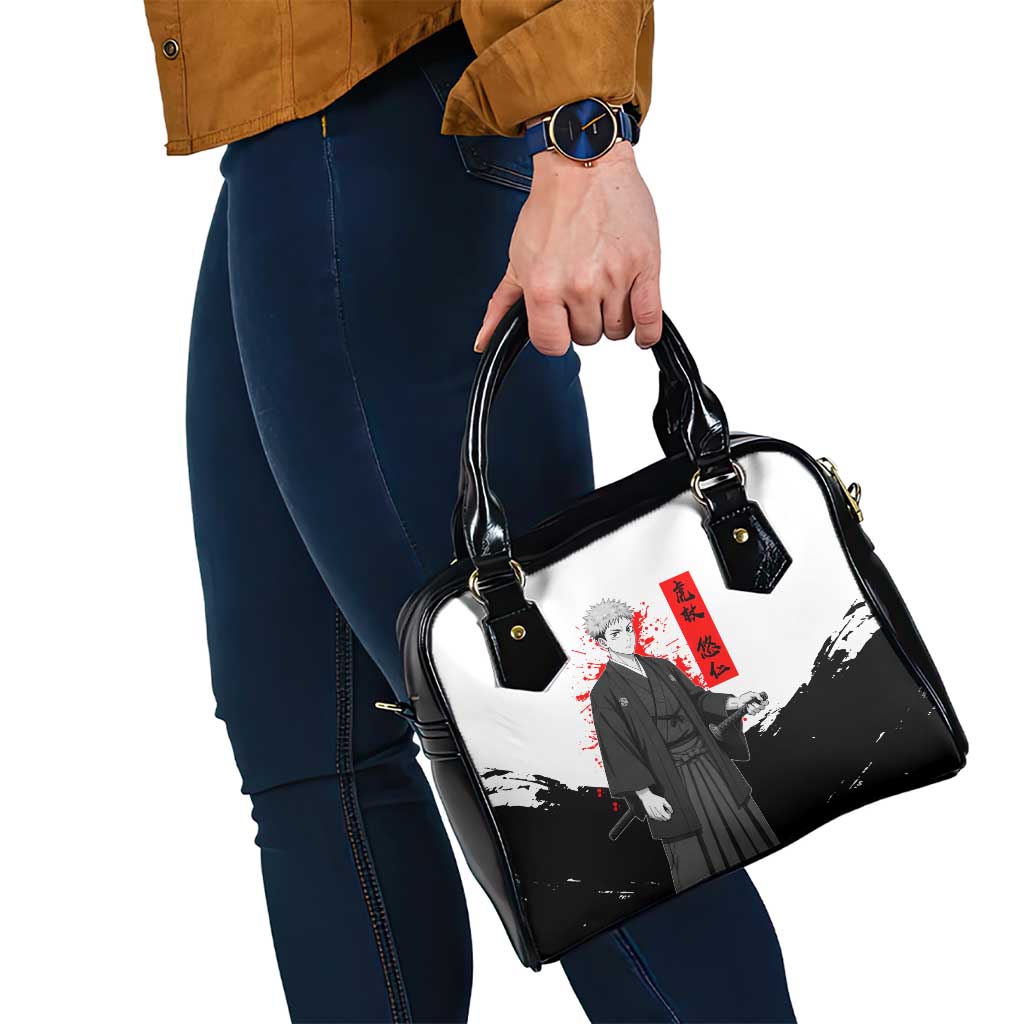 Yuji Itadori Jujutsu Kaisen Samurai Design Shoulder Handbag with Katana, Red Kanji Elements and Oni Mask Graphic - The Mazicc